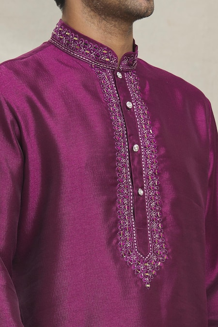 Shop_Arihant Rai Sinha_Pink , Satin Embroidery Floral Butti Kurta With Dhoti Pant_Online_at_Aza_Fashions