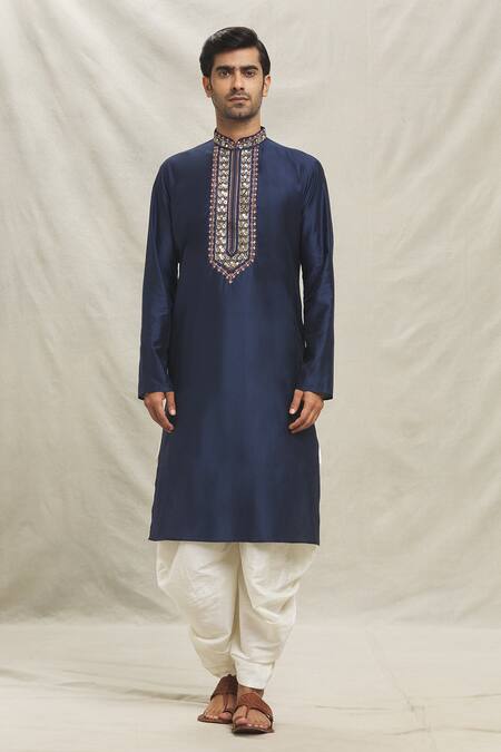 Arihant Rai Sinha_Blue , Satin Sequins, Embroidery Floral Thread Kurta With Dhoti Pant_Online_at_Aza_Fashions
