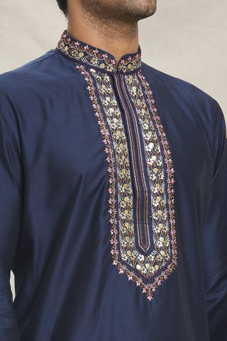 Shop_Arihant Rai Sinha_Blue , Satin Sequins, Embroidery Floral Thread Kurta With Dhoti Pant_Online_at_Aza_Fashions