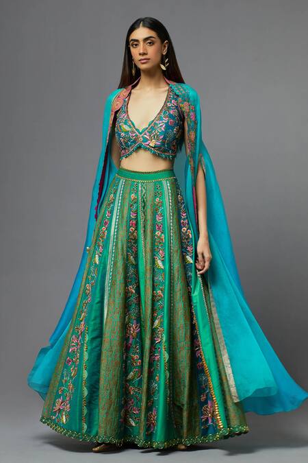 Buy_Aum By Asit And Ashima_Green Silk Embroidered Floral Deep V Neck Cape Sharara Set _Online_at_Aza_Fashions
