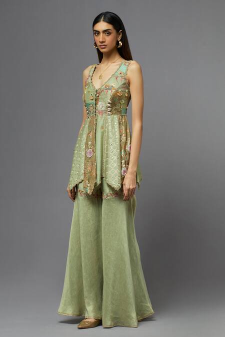 Aum By Asit And Ashima_Green Silk Embroidered Floral Leaf Neck Blouse And Palazzo Set _Online_at_Aza_Fashions