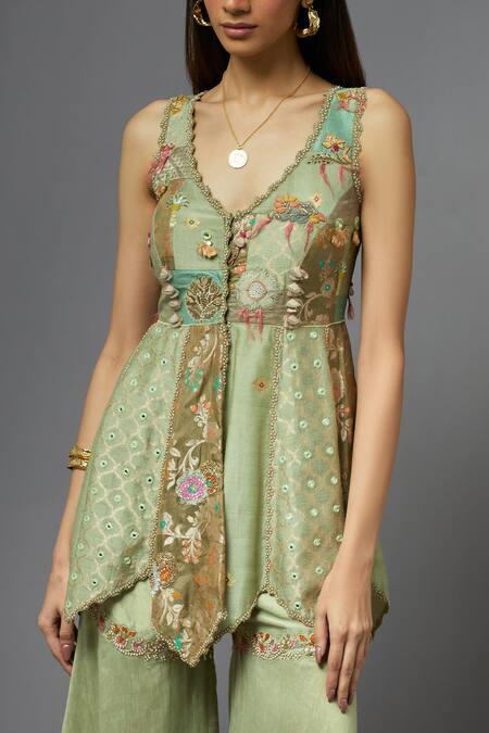 Buy_Aum By Asit And Ashima_Green Silk Embroidered Floral Leaf Neck Blouse And Palazzo Set _Online_at_Aza_Fashions