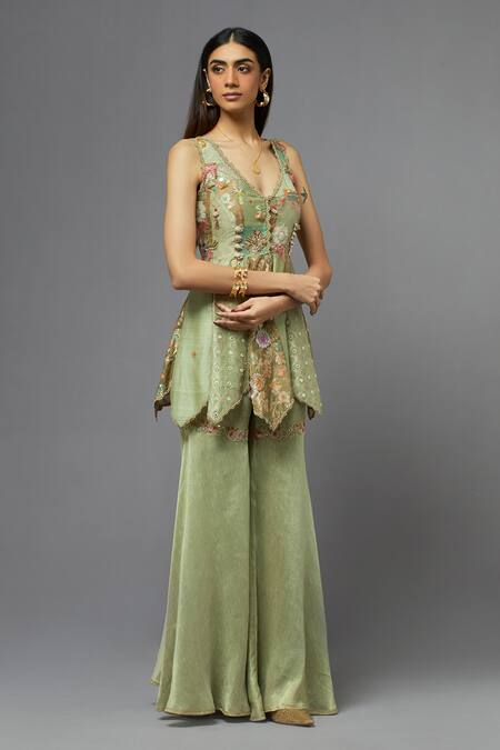 Shop_Aum By Asit And Ashima_Green Silk Embroidered Floral Leaf Neck Blouse And Palazzo Set _Online_at_Aza_Fashions