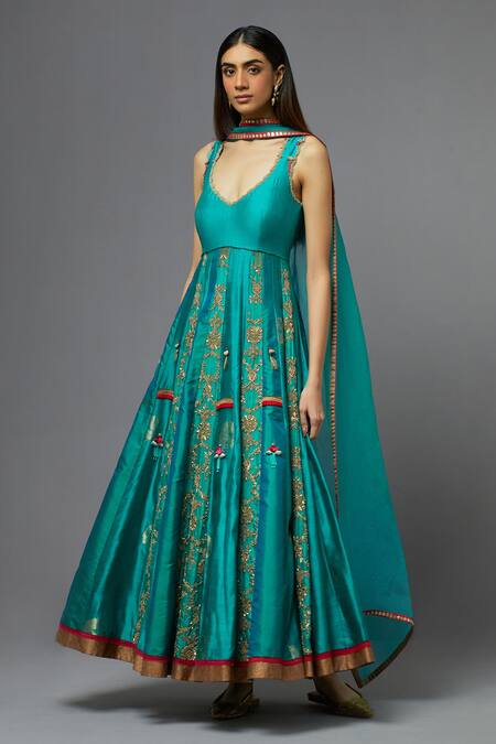Buy_Aum By Asit And Ashima_Blue Silk Embroidered Floral Deep V Neck Anarkali With Dupatta _Online_at_Aza_Fashions