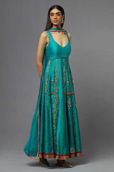 Shop_Aum By Asit And Ashima_Blue Silk Embroidered Floral Deep V Neck Anarkali With Dupatta _Online_at_Aza_Fashions
