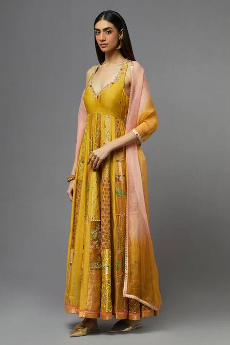 Aum By Asit And Ashima_Yellow Silk Embroidered Floral Deep V Neck And Thread Anarkali With Dupatta _Online_at_Aza_Fashions