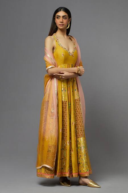 Buy_Aum By Asit And Ashima_Yellow Silk Embroidered Floral Deep V Neck And Thread Anarkali With Dupatta _Online_at_Aza_Fashions