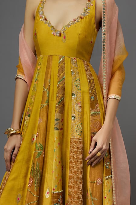 Shop_Aum By Asit And Ashima_Yellow Silk Embroidered Floral Deep V Neck And Thread Anarkali With Dupatta _Online_at_Aza_Fashions
