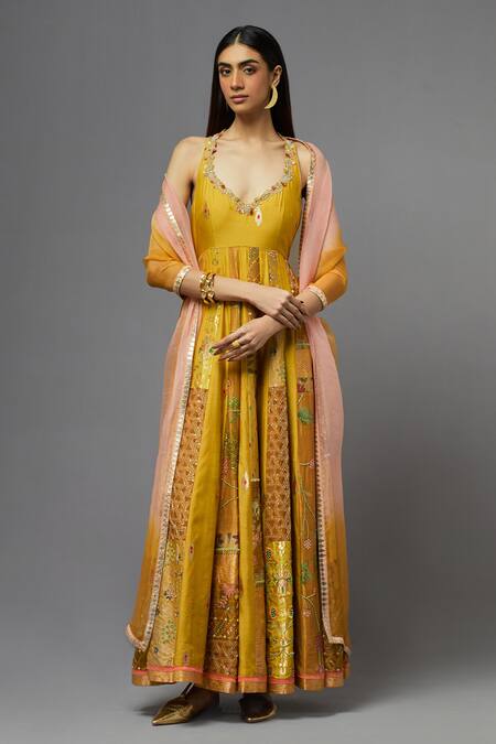 Aum By Asit And Ashima_Yellow Silk Embroidered Floral Deep V Neck And Thread Anarkali With Dupatta _at_Aza_Fashions