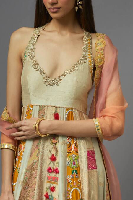 Shop_Aum By Asit And Ashima_Ivory Silk Embroidery V-neck Thread And Floral Anarkali With Dupatta _Online_at_Aza_Fashions