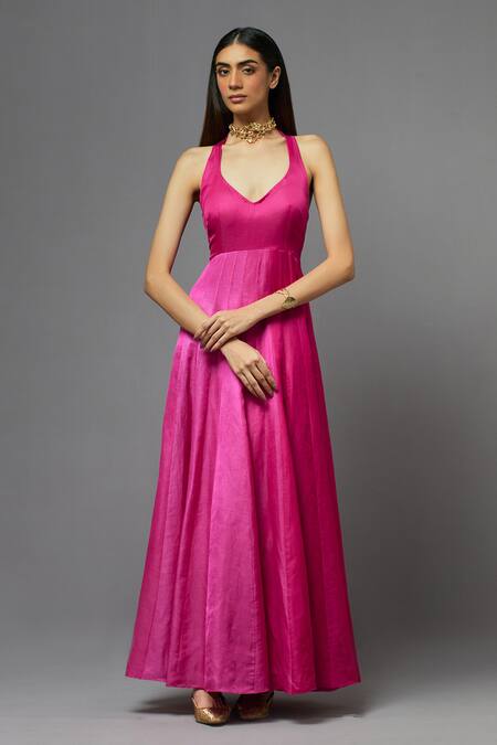 Aum By Asit And Ashima_Fuchsia Silk Embroidered Floral V Neck Cape With Anarkali _Online_at_Aza_Fashions