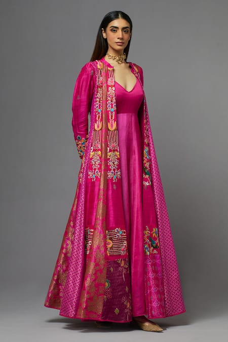 Buy_Aum By Asit And Ashima_Fuchsia Silk Embroidered Floral V Neck Cape With Anarkali _Online_at_Aza_Fashions