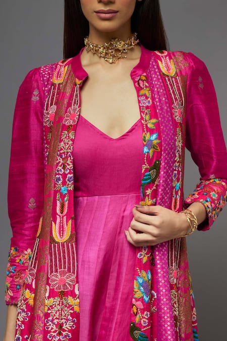 Shop_Aum By Asit And Ashima_Fuchsia Silk Embroidered Floral V Neck Cape With Anarkali _Online_at_Aza_Fashions