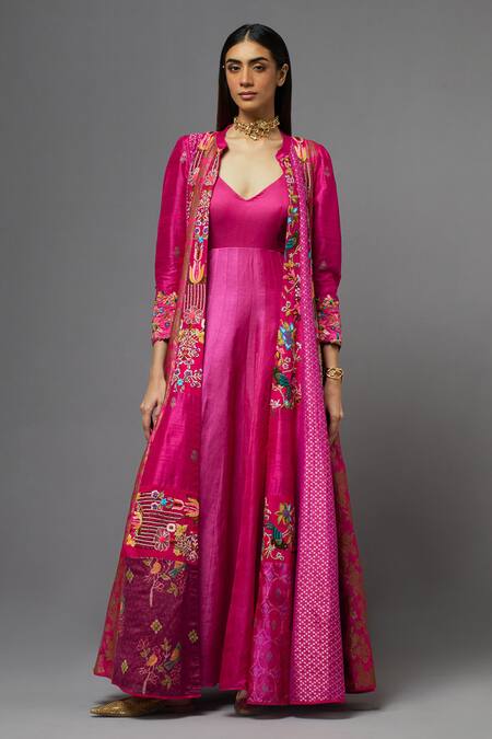 Aum By Asit And Ashima_Fuchsia Silk Embroidered Floral V Neck Cape With Anarkali _at_Aza_Fashions