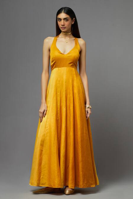 Aum By Asit And Ashima_Yellow Silk Embroidered Floral V Neck Cape With Anarkali _Online_at_Aza_Fashions