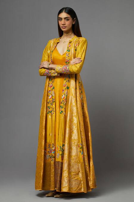 Buy_Aum By Asit And Ashima_Yellow Silk Embroidered Floral V Neck Cape With Anarkali _Online_at_Aza_Fashions