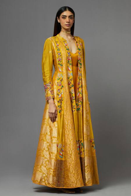 Shop_Aum By Asit And Ashima_Yellow Silk Embroidered Floral V Neck Cape With Anarkali _Online_at_Aza_Fashions