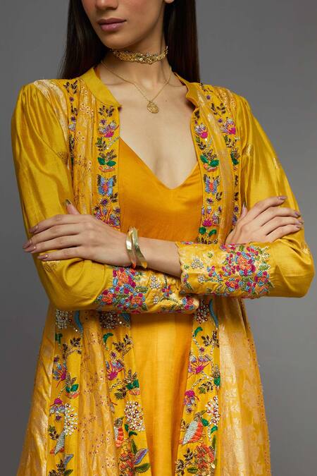 Aum By Asit And Ashima_Yellow Silk Embroidered Floral V Neck Cape With Anarkali _at_Aza_Fashions