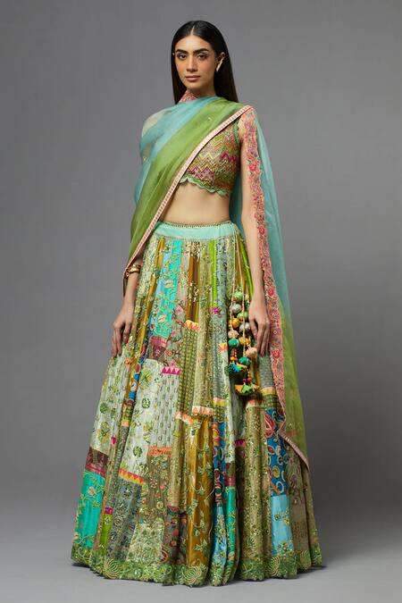 Aum By Asit And Ashima Green Silk Embroidered Floral Deep V Neck Blouse Lehenga Set Online at Aza Fashions Aum By Asit And Ashima_Green Silk Embroidered Floral Deep V Neck Blouse Lehenga Set _Online_at_Aza_Fashions