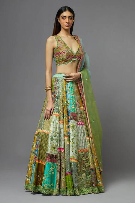 Buy Aum By Asit And Ashima Green Silk Embroidered Floral Deep V Neck Blouse Lehenga Set Online at Aza Fashions Buy_Aum By Asit And Ashima_Green Silk Embroidered Floral Deep V Neck Blouse Lehenga Set _Online_at_Aza_Fashions