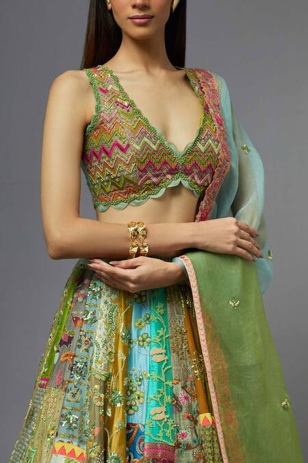 AUM by Asit and Ashima - Green Silk Embroidered Floral Deep V Neck Blouse  Lehenga Set For Women