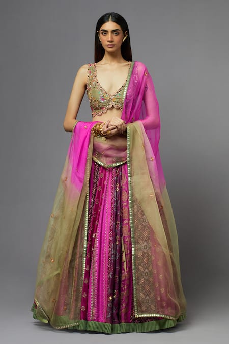 Aum By Asit And Ashima Pink Silk Embroidered Floral Deep V Neck Blouse Lehenga Set Online at Aza Fashions Aum By Asit And Ashima_Pink Silk Embroidered Floral Deep V Neck Blouse Lehenga Set _Online_at_Aza_Fashions