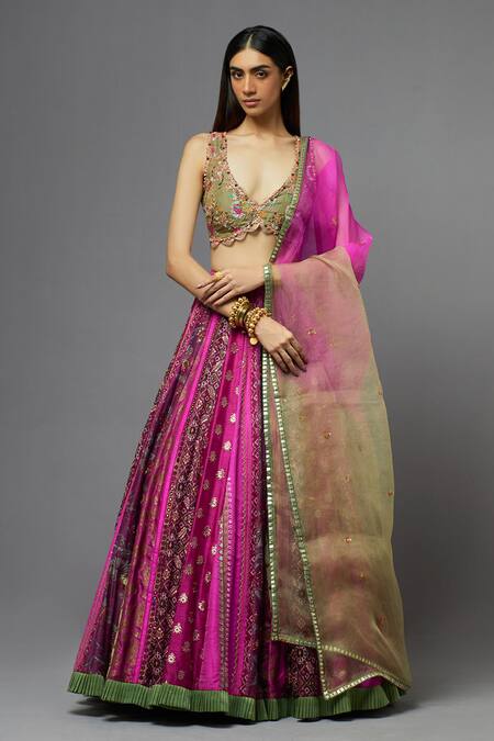 Buy Aum By Asit And Ashima Pink Silk Embroidered Floral Deep V Neck Blouse Lehenga Set Online at Aza Fashions Buy_Aum By Asit And Ashima_Pink Silk Embroidered Floral Deep V Neck Blouse Lehenga Set _Online_at_Aza_Fashions