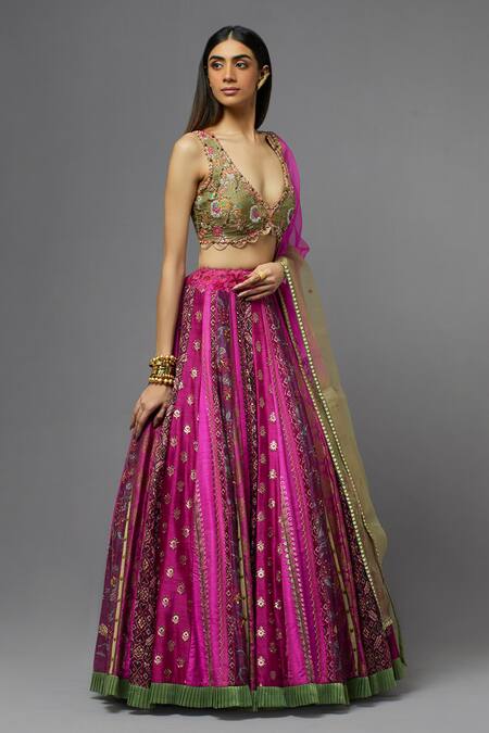 Shop Aum By Asit And Ashima Pink Silk Embroidered Floral Deep V Neck Blouse Lehenga Set Online at Aza Fashions Shop_Aum By Asit And Ashima_Pink Silk Embroidered Floral Deep V Neck Blouse Lehenga Set _Online_at_Aza_Fashions