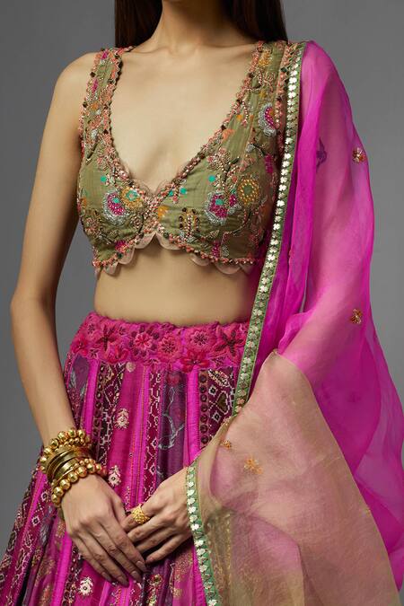 Aum By Asit And Ashima Pink Silk Embroidered Floral Deep V Neck Blouse Lehenga Set at Aza Fashions Aum By Asit And Ashima_Pink Silk Embroidered Floral Deep V Neck Blouse Lehenga Set _at_Aza_Fashions