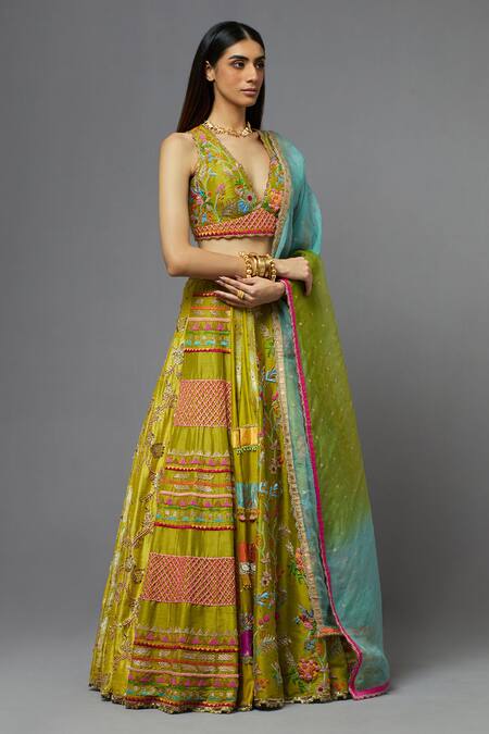 Aum By Asit And Ashima Green Silk Embroidered Floral Deep V Neck Thread Blouse Lehenga Set Online at Aza Fashions Aum By Asit And Ashima_Green Silk Embroidered Floral Deep V Neck Thread Blouse Lehenga Set _Online_at_Aza_Fashions