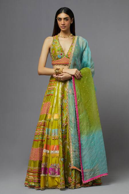 Buy Aum By Asit And Ashima Green Silk Embroidered Floral Deep V Neck Thread Blouse Lehenga Set Online at Aza Fashions Buy_Aum By Asit And Ashima_Green Silk Embroidered Floral Deep V Neck Thread Blouse Lehenga Set _Online_at_Aza_Fashions