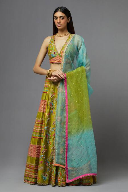Shop Aum By Asit And Ashima Green Silk Embroidered Floral Deep V Neck Thread Blouse Lehenga Set Online at Aza Fashions Shop_Aum By Asit And Ashima_Green Silk Embroidered Floral Deep V Neck Thread Blouse Lehenga Set _Online_at_Aza_Fashions