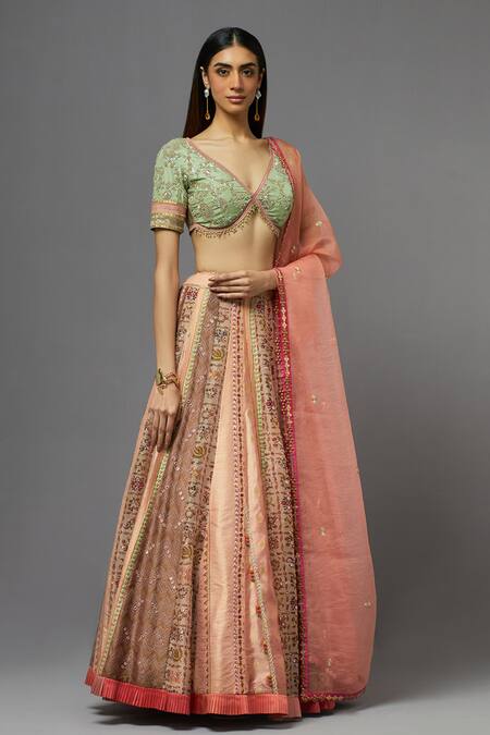 Aum By Asit And Ashima_Peach Silk Embroidered Floral Deep V Neck And Thread Blouse Lehenga Set_Online_at_Aza_Fashions