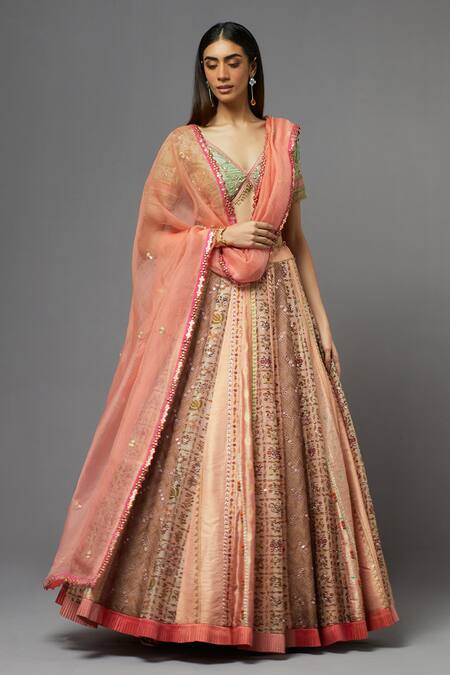 Shop_Aum By Asit And Ashima_Peach Silk Embroidered Floral Deep V Neck And Thread Blouse Lehenga Set_Online_at_Aza_Fashions