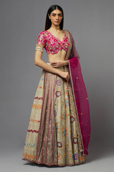 Aum By Asit And Ashima Grey Silk Embroidered Floral Deep V Neck Thread And Blouse Lehenga Set Online at Aza Fashions Aum By Asit And Ashima_Grey Silk Embroidered Floral Deep V Neck Thread And Blouse Lehenga Set _Online_at_Aza_Fashions