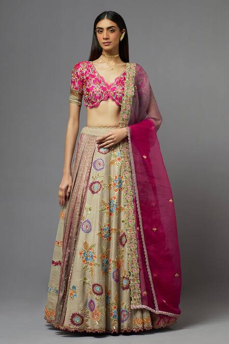 Buy Aum By Asit And Ashima Grey Silk Embroidered Floral Deep V Neck Thread And Blouse Lehenga Set Online at Aza Fashions Buy_Aum By Asit And Ashima_Grey Silk Embroidered Floral Deep V Neck Thread And Blouse Lehenga Set _Online_at_Aza_Fashions
