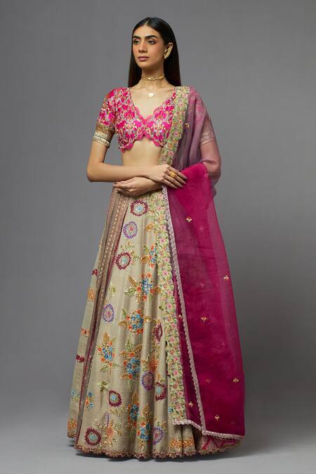 Shop Aum By Asit And Ashima Grey Silk Embroidered Floral Deep V Neck Thread And Blouse Lehenga Set Online at Aza Fashions Shop_Aum By Asit And Ashima_Grey Silk Embroidered Floral Deep V Neck Thread And Blouse Lehenga Set _Online_at_Aza_Fashions
