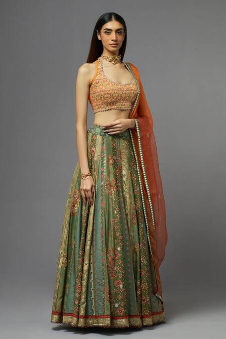 Aum By Asit And Ashima_Green Silk Embroidered Floral Halter Blouse Lehenga Set_Online_at_Aza_Fashions