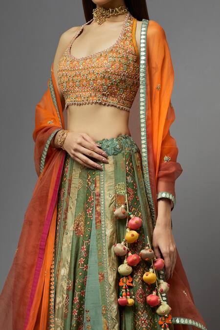 Buy_Aum By Asit And Ashima_Green Silk Embroidered Floral Halter Blouse Lehenga Set_Online_at_Aza_Fashions