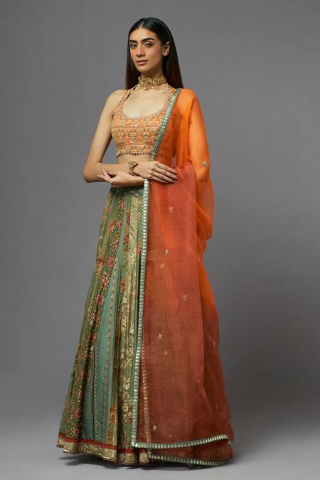 Shop_Aum By Asit And Ashima_Green Silk Embroidered Floral Halter Blouse Lehenga Set_Online_at_Aza_Fashions