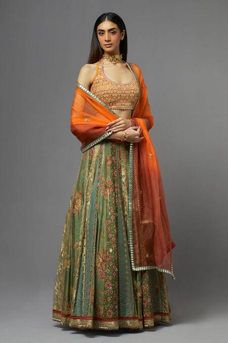 Aum By Asit And Ashima_Green Silk Embroidered Floral Halter Blouse Lehenga Set_at_Aza_Fashions
