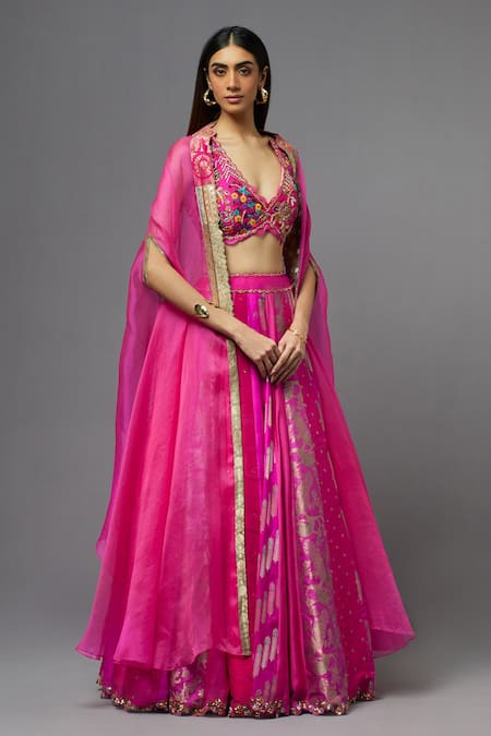 Aum By Asit And Ashima_Fuchsia Silk Embroidered Floral Deep V Neck Cape Lehenga Set _Online_at_Aza_Fashions