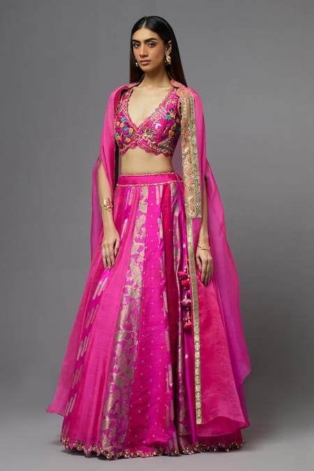 Shop_Aum By Asit And Ashima_Fuchsia Silk Embroidered Floral Deep V Neck Cape Lehenga Set _Online_at_Aza_Fashions