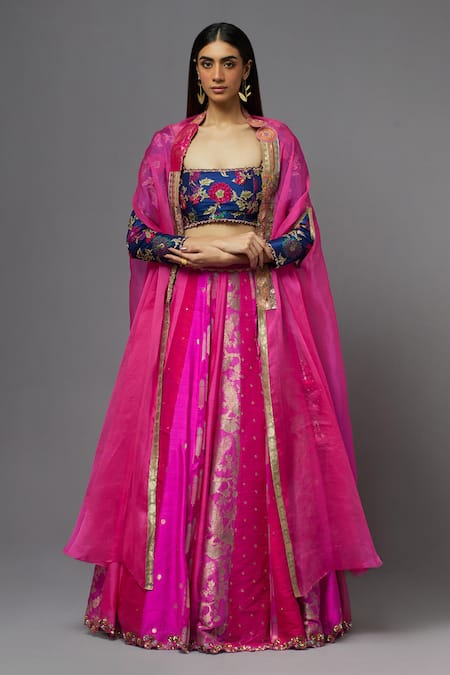 Aum By Asit And Ashima_Fuchsia Silk Embroidery Square Neck Floral Cape Lehenga Set_Online_at_Aza_Fashions