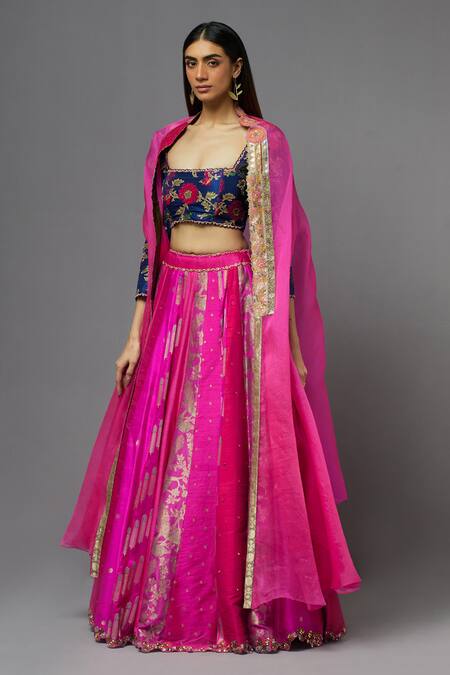 Shop_Aum By Asit And Ashima_Fuchsia Silk Embroidery Square Neck Floral Cape Lehenga Set_Online_at_Aza_Fashions