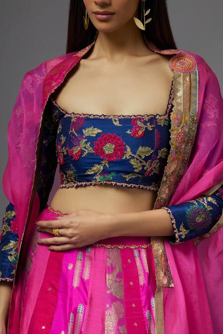 Aum By Asit And Ashima_Fuchsia Silk Embroidery Square Neck Floral Cape Lehenga Set_at_Aza_Fashions