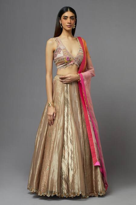Aum By Asit And Ashima_Pink Silk Embroidery V-neck Floral And Thread Blouse Lehenga Set_Online_at_Aza_Fashions