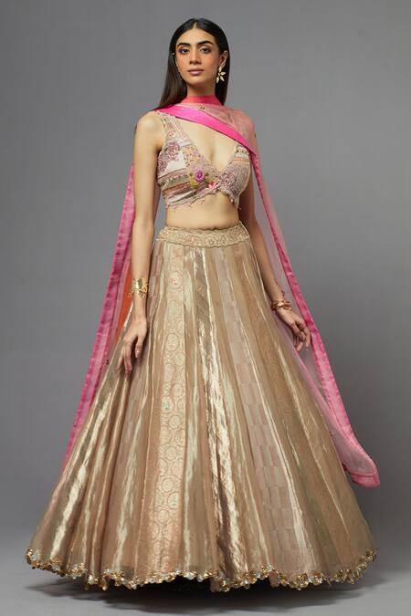 Shop_Aum By Asit And Ashima_Pink Silk Embroidery V-neck Floral And Thread Blouse Lehenga Set_Online_at_Aza_Fashions