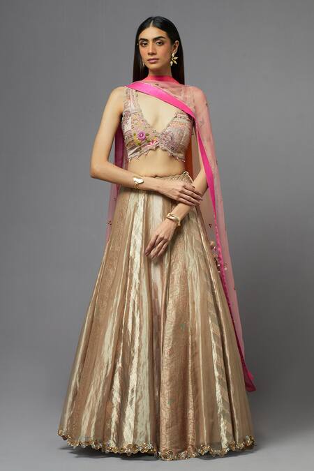 Aum By Asit And Ashima_Pink Silk Embroidery V-neck Floral And Thread Blouse Lehenga Set_at_Aza_Fashions