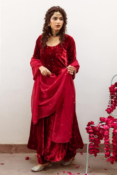 Maison Shefali_Maroon Anarkali And Pant Velvet Hand Embroidered Zardosi Zeya Gulaab Set _Online_at_Aza_Fashions